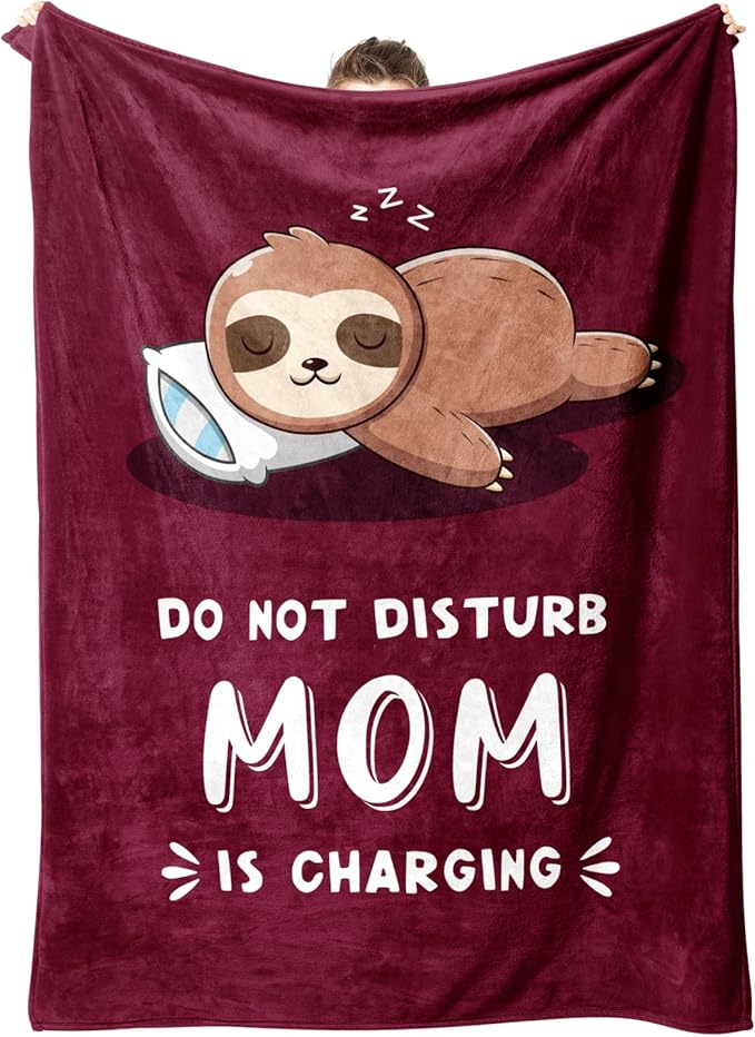 Funny Gifts for Mom Mothers Day, Mom is Charging Sloth Blanket, Birthday Gifts for Moms from Daguther Son, Moms Gift for Christmas, Soft Sloth Throws Blanket for Mother, Burgundy, 60" x 50"