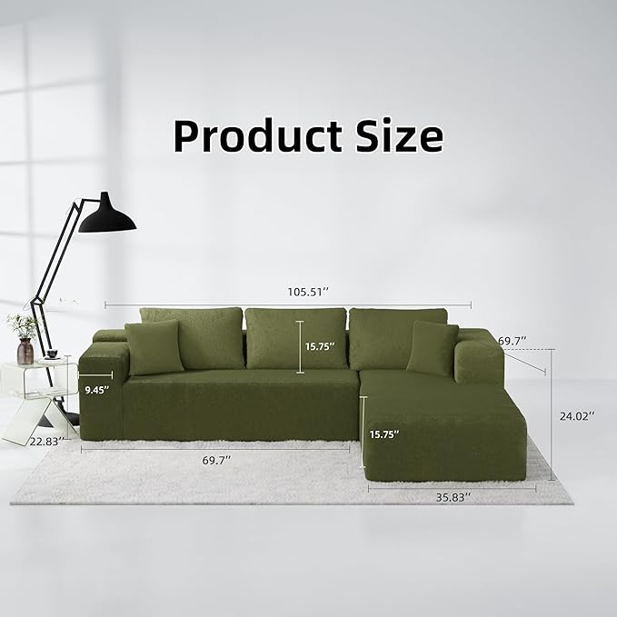 105" Cloud Sectional Couch with L-Shape Chaise,Modern Modular Sofa with Deep Seat, Fluffy Boneless Couches for Living Room Bedroom,No Assembly Required, Green (Plush Wool Fabric)