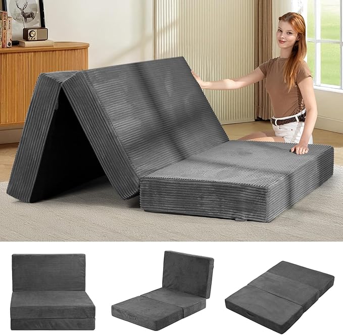6-Inch Tri-Folding Mattress Full Size - Foldable Futon Sofa Bed with Removable Washable Cover, Folding Futon Mattress | Non-Slip Bottom & Carry Handles for Guest, Camping, Dorm