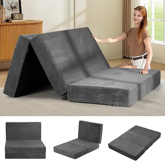 6-Inch Tri-Folding Mattress Full Size - Foldable Futon Sofa Bed with Removable Washable Cover, Folding Futon Mattress | Non-Slip Bottom & Carry Handles for Guest, Camping, Dorm