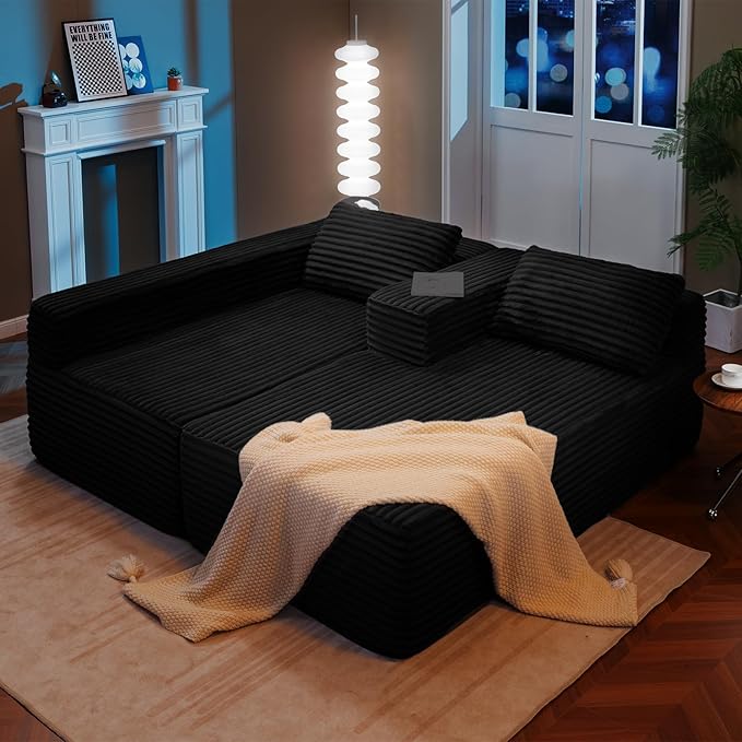 LUCKLIFE 108" Modular Sectional Couch with L-Shape Chaise,Corduroy Upholstery Boneless Couches for Living Room,Oversized Sleeper Sofa,No Assembly Required (Black, L Shape with Left Facing Chaise)