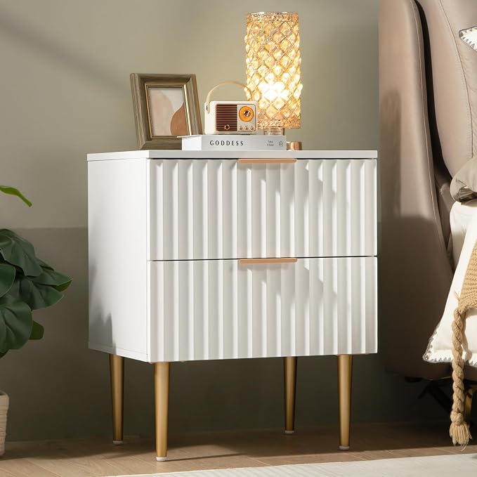SICOTAS White Night Stand Set 2, Fluted Glossy Nightstand with 2 Drawers, Wide Modern Storage Bedside Table for Bedroom, End Side Table with Golden Metal Legs and Handles (White, 1 Piece) by SICOTAS
