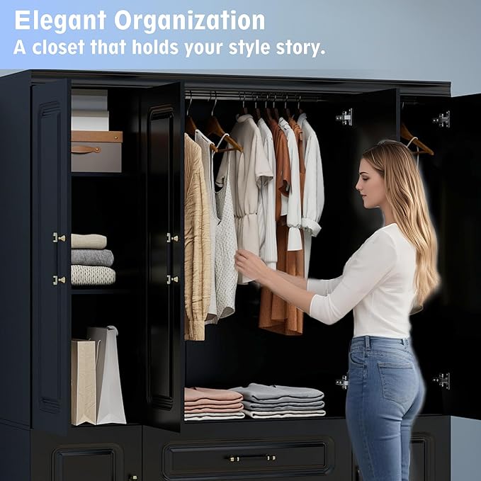 Wooden Armoire Wardrobe Closet：Modern Armoire Wardrobe Closet with 4 Doors, 2 Drawers and Hanging Rods for Tall Cabinet, Large Capacity Clothes Storage Cabinet for Bedroom Home, Black