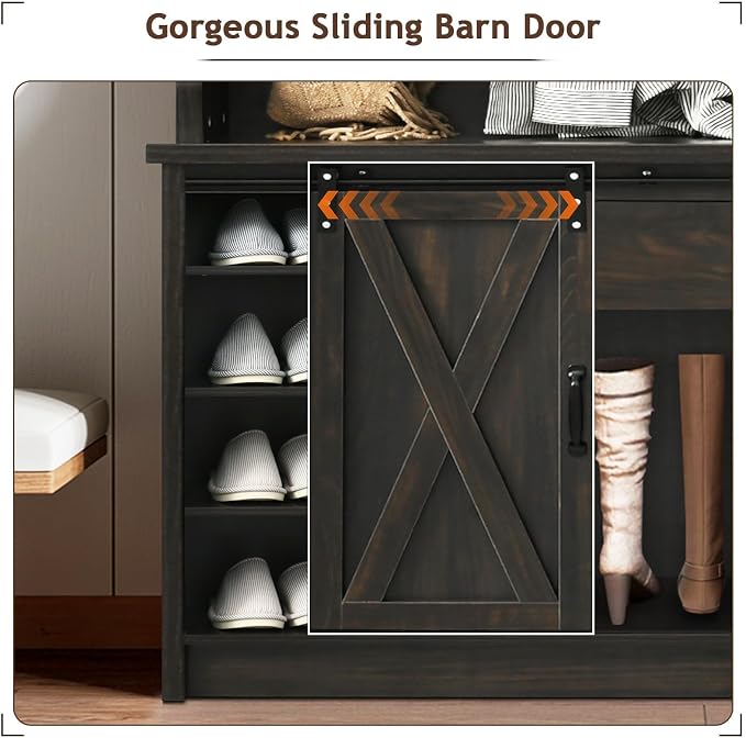 4ever2buy Farmhouse Hall Tree with Bench 5-in-1 Entryway Bench with Coat Rack with Sliding Barn Doors Entryway Coat Rack with Shoe Storage Dark Oak - Image 4