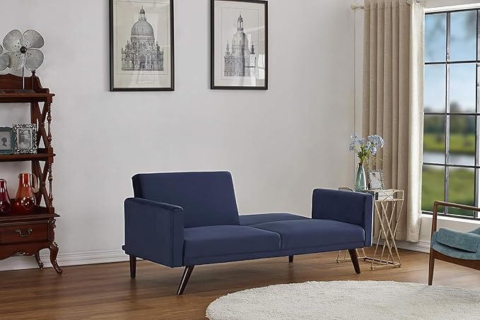 72" Retro Velvet Sofa Bed - Vintage Modern Convertible Futon w/Reclining Backrest - Velvet Upholstery on Solid Wood Frame (72" L x 34.6" W x 30.23" H), Dark Blue