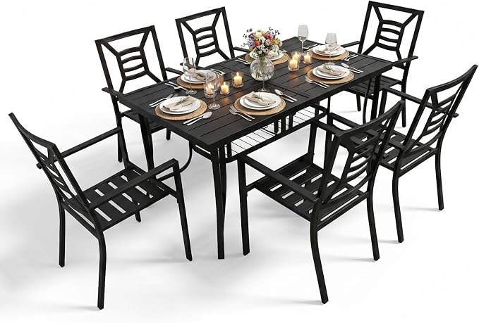 7 Piece Outdoor Patio Dining Sets, 60" Rectangular Metal Dining Table with Umbrella Hole & 6 Stackable Metal Chairs, Weather Resistant Garden Furniture Set for Backyard, Deck, Porch - Image 9