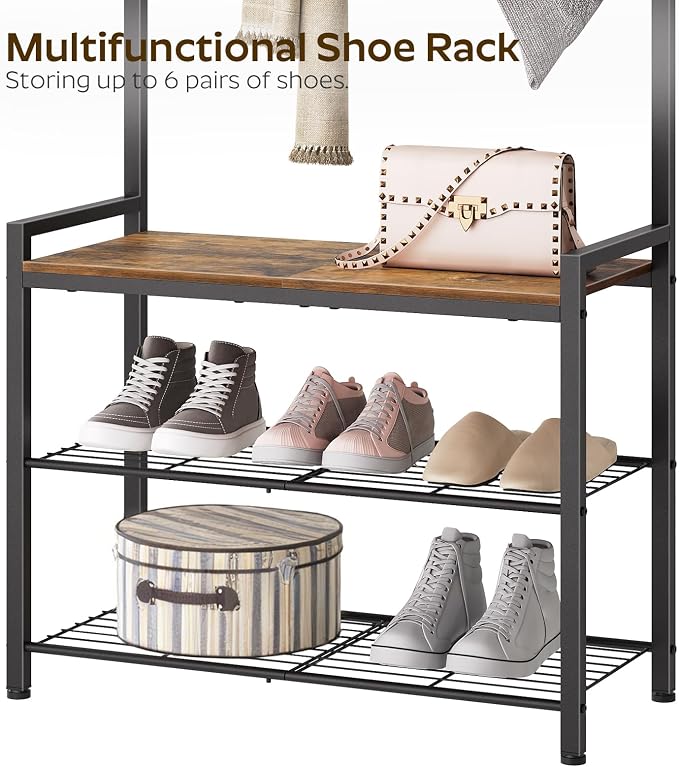 YATINEY Hall Tree, Coat Rack with Shoe Bench, Entryway Bench with Shoe Storage, Multifunctional Entryway Storage Organizer, Metal Frame and 8 Movable Hooks, for Hallway, Rustic Brown MT01BR - Image 6