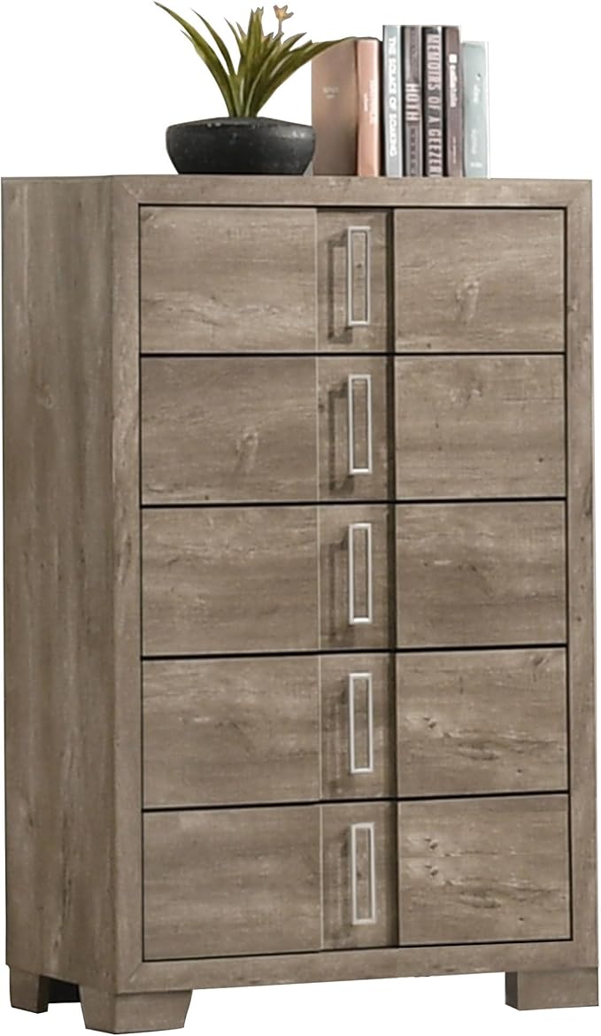 Kings Brand Furniture Dawson Modern 6-Piece King Size Farmhouse Style Bedroom Set in Light Brown Finish - Bed with LED Lights, Dresser, Mirror, Chest & 2 Nightstands