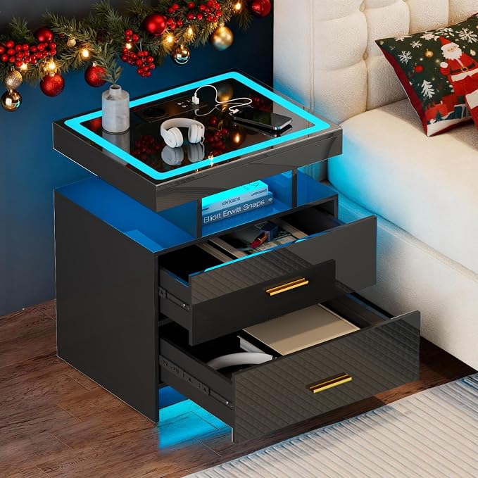 LED Nightstand with Wireless Charging Station, Smart Night Stand with 2 Drawers, Glass Top, 3 Color Dimmable Light, High-Gloss Beside Table with USB Type-C Port Bedroom Black - Image 9