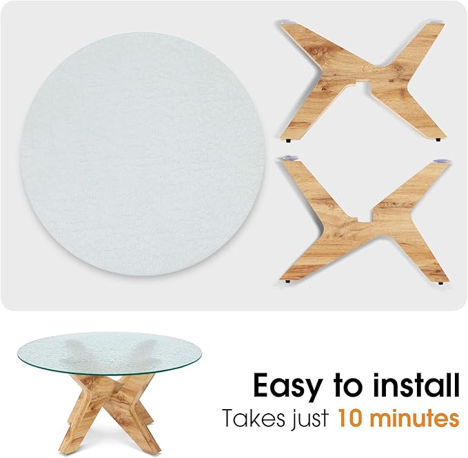 ivinta Round Glass Coffee Table, 31.5" Modern Small Center Table with Water Ripple Tempered Glass and MDF Legs for Living Room Home Office, Tree (Natural)