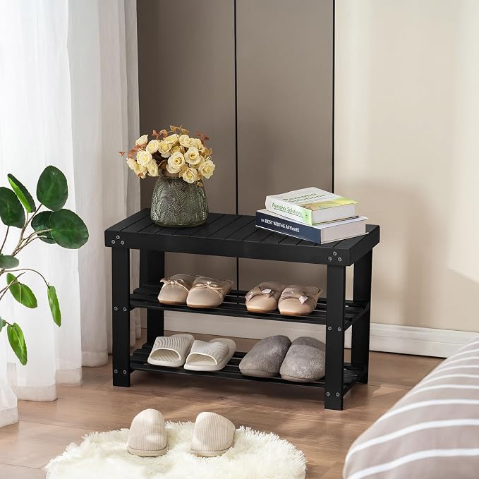 Apicizon Bamboo Shoe Rack for Entryway, 3-Tier Shoe Rack Bench for Front Door Entrance, Small Shoe Organizer with Storage, Black - Image 6