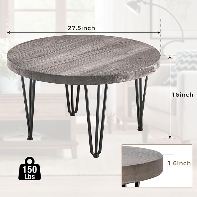 Rustic Wood Round Coffee Table with Metal Legs, Solid Elm Wood Top and Non-Slip Feet Pads - Farmhouse Style for Living Room, Grey
