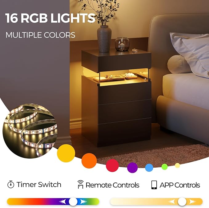 Bingoday Black LED Nightstands Set of 2,Modern Night Stand with 4 Drawers,Tall Nightstand,Large Capacity,Multi-Color LED Lights,End Side Table for Bedroom - Image 6