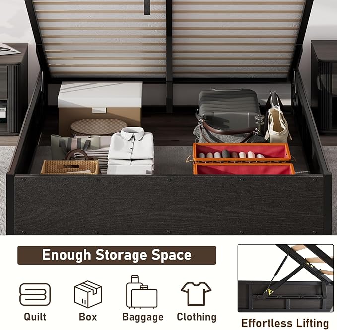 LUXOAK 3 Pieces Bedroom Sets, Includes Full Size Lift Up Storage Platform Bed Frame, 2 Drawers Farmhouse Nightstand Set of 2 with Charging Station, No Box Spring Needed, Black