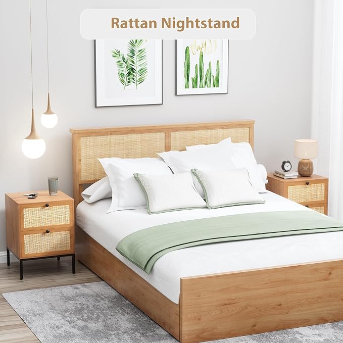 Yechen Set of 2 Rattan Nightstands with 2 Storage Drawers, Boho Bedside Table with Handmade Natural Cane, Mid-Century Modern End Table with Metal Legs for Bedroom, Brown - Image 2