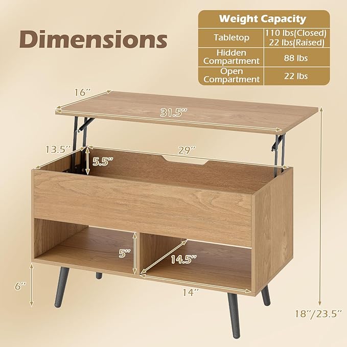 Giantex Lift Top Coffee Table, Modern Cocktail Table w/Hidden Compartment & 2 Open Shelves, Flip Top Center Table, Wooden Pull up Coffee Table for Living Room, Reception Room, Office (Natural)