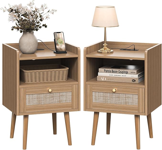 MECHYIN Night Stand Set 2, Nightstands Set of 2 with Charging Station, Rattan Side Tables with Solid Wood Legs, Boho Bedside End Table for Apartment Bedroom Dorm Small Space by MECHYIN