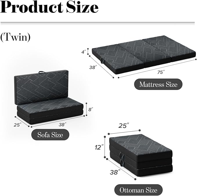 Tri Folding Mattress Twin Size - Foldable Mattress Trifold Memory Foam Mat with Washable Cover, Handle & Non-Slip Bottom, Portable Foldable Floor Sofa Bed for Travel Camping Guest - 4 Inch, 75"x38"x4"