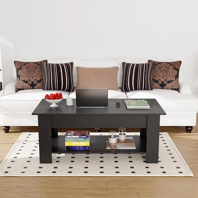 PayLessHere Coffee Table Lift Top Coffee Tables with Hidden Compartment and Storage Shelf Wooden Lift Tabletop Dining Table for Living Room Home (Black, 47" D x 31" W x 25" H)