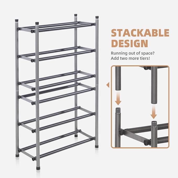 STORAGE MANIAC Expandable Shoe Rack, 16 Pairs Stackable Small Shoe Rack, Metal Adjustable Shoes Organizer for Closet, Entryway, Hallway, Garage, Front Door, Shoes Shelves, Black 4 Tier - Image 5