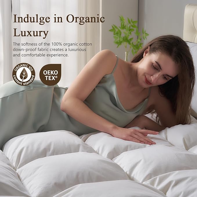 BPC Goose Feather Down Fiber Comforter Full/Queen Size - 100% Organic Cotton Cover, 750 FP Cloudy-Fluffy Duvet Insert for All-Season, White, 82x86 Inches