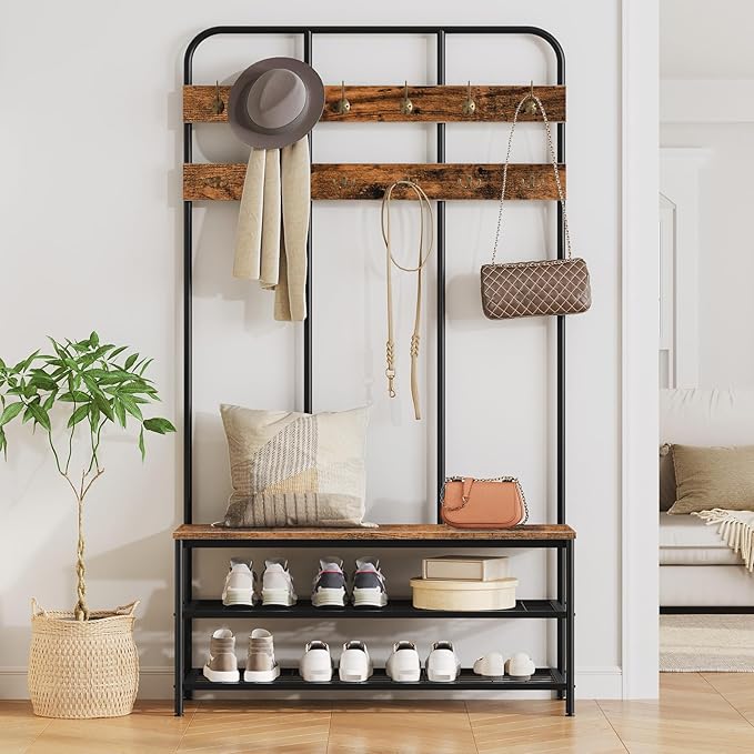 HOOBRO Hall Tree with Bench, Entryway Bench with Coat Rack, Mud Room Rack with 12 Double Hooks and Shoe Storage, Coat Tree, Shoe Rack Organizer, for Foyer, Front Door, Rustic Brown BF05MT01 - Image 3