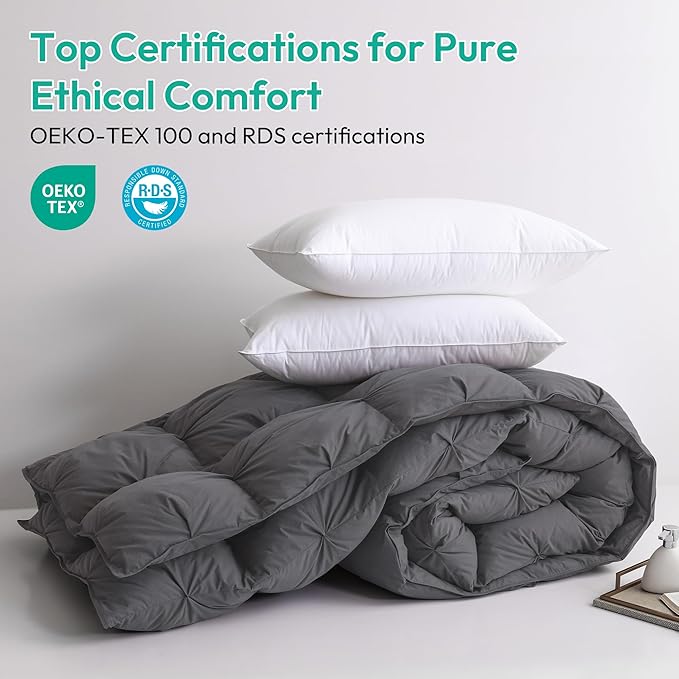 Three Geese Pinch Pleat Waterfowl Feathers and Down Comforter Twin Size Duvet Insert,750+ Fill Power,1200TC 100% Cotton, Premium All Seasons Gray Warm Hotel Comforter with 8 Tabs.