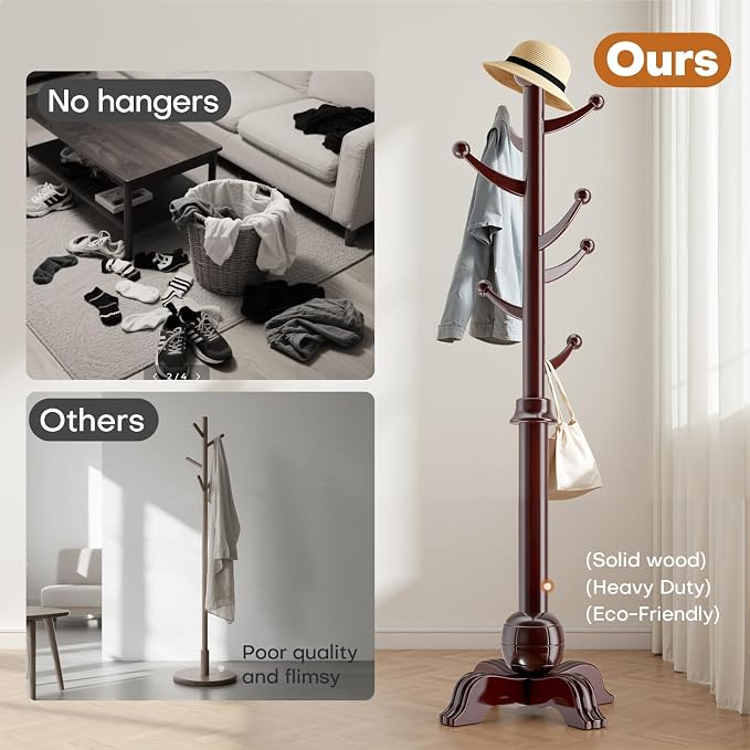 Hall Tree, Freestanding Wood Tree Rack with 7 Hooks, Coat Rack with Stable Sphere Base, Wooden Coat Rack Stand, Load 210 lb, Coat Hanger Stand for Entryway, Hallway, Bedroom (Black-Red) - Image 5