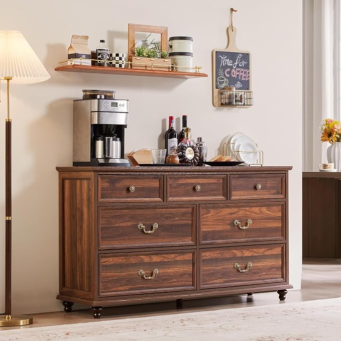 Joaxswe Farmhouse 7 Drawers Dresser for Bedroom, Brown 54 Inch Wide Chest of Drawers w/ 4 Wooden Legs, Large Vintage Rustic Closet Dressers for Living Room, Wood TV Stand with Storage Organizer - Image 6