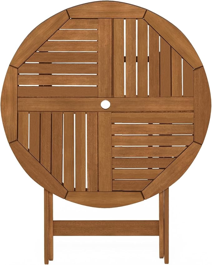 Furinno TIOMAN Folding Patio Dining Table, Outdoor Wooden Table with Umbrella Hole, Round 4-Person Patio Table for Garden, Porch, Backyard, Light Wood - Image 8