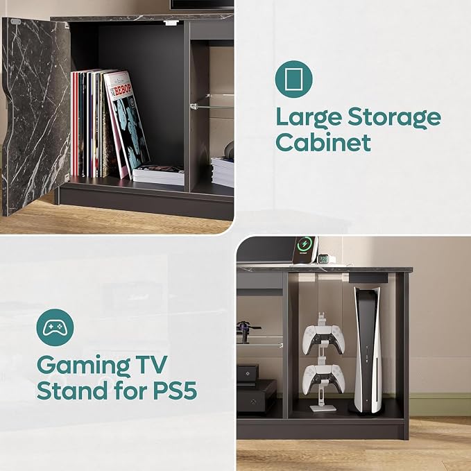 Bestier TV Stand with Power Outlets for Bedroom, Gaming TV Stand for 65inch TV, Black Entertainment Center for PS5, TV Console with Adjustable Glass Shelves for Living Room, Black Marble - Image 6