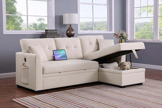 ERYE 81.5-inch Pull Out Sleeper Couch Bed, L-Shaped Reversible Sleeper Sectional Sofa Velvet Tufted Upholstered Corner Convertible Sofa Bed with Storage Chaise,USB Ports