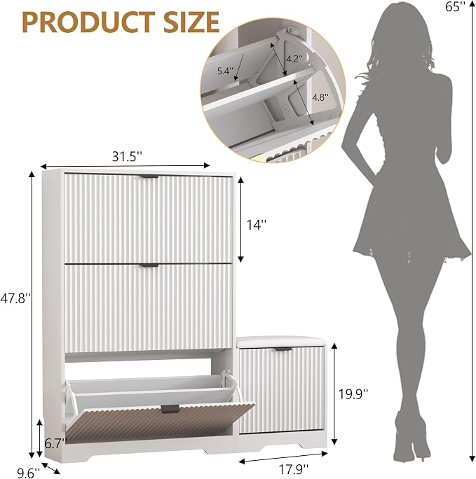 HUANLEGO Shoe Cabinet Storage for Entryway with 4 Flip Drawers, White Fluted Shoe Cabinet with Bench, Wooden Hidden Shoe Rack Freestanding Narrow Slim Shoes Storage Organizer for Hallway, Entrance - Image 2