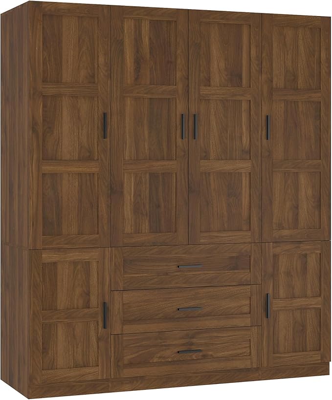 6 Doors Armoire Wardrobe Closet with 3 Big Drawers, 70.8" H Wooden Bedroom Armoires with Shelves and Hanging Rods, Freestanding Clothes Closet Wardrobe Cabinet for Bedroom, Guest Room, Brown
