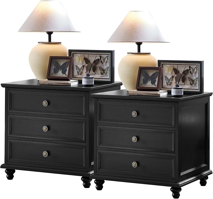 Joaxswe 24" Wide Farmhouse Night Stand Set of 2,Large End Table with 3 Drawers & Metal Handle,Black Wood Dresser for Bedroom,Bed Side Table Chest of Drawers Cabinet,Nightstand for Living Room,Closet by Joaxswe
