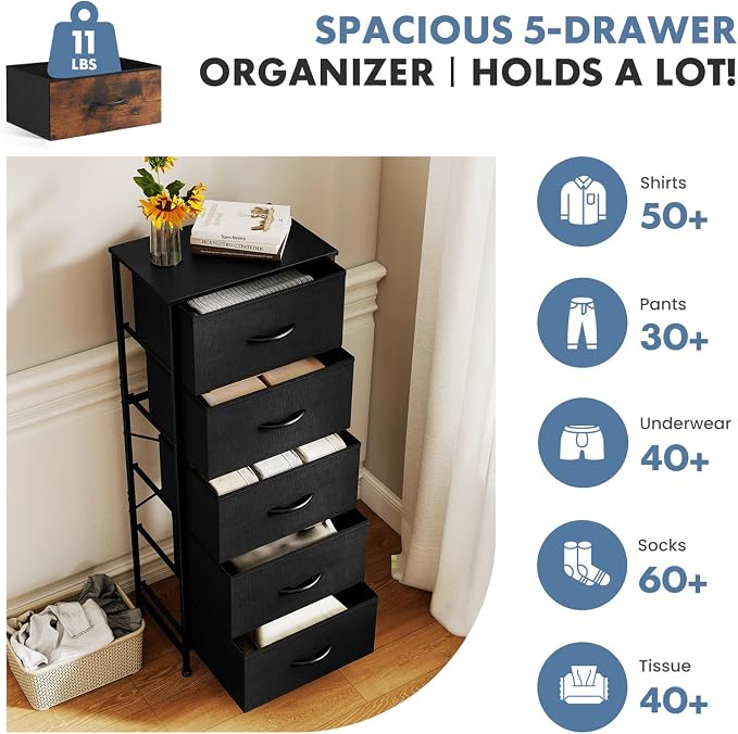 DUMOS Nightstand with 5 Drawers Bedside Table with Removable Fabric Bins Sturdy Steel Frame Wood Top Organizer Furniture for Bedroom Closet Living Room, Black - Image 4
