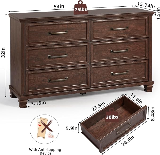 SAVOR LIFE Farmhouse Espresso 6 Drawer Dresser for Bedroom, 54 inch Wide Vintage Large Chest of Drawers with Wood Legs, Rustic TV Console for Living Room, Walnut Wooden Storage Closet Dressers - Image 2
