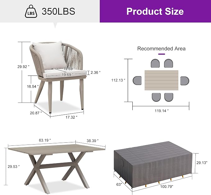 PURPLE LEAF 7 Pieces Patio Dining Set with Waterproof Furniture Cover Rectangular Table and Chairs Set for Garden Deck Aluminum Frame Backyard Kitchen Set, Cushions and Pillows Included Champagne - Image 9