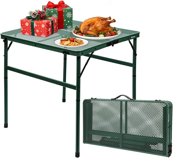 Square Folding Card Table with Adjustable Height (12" & 26"), Green Portable Metal Mesh Table for Camping, BBQ, Picnic, Game, Patio & Indoor Use, Fits 2–4 People, Lightweight 7.6 lb, Supports 66 lb by EEASTSTORM