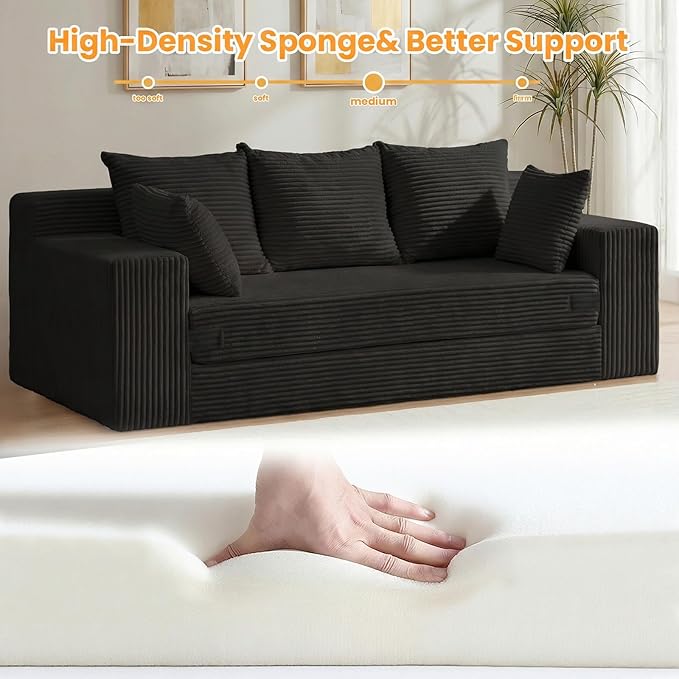 Convertible Sofa Bed, Pull Out 3 Seater Sleeper Sofa, 70" Black Boneless Couch Fold Out Floor Couch with 5 Pillows for Living Room Bedroom Lounge Small Space