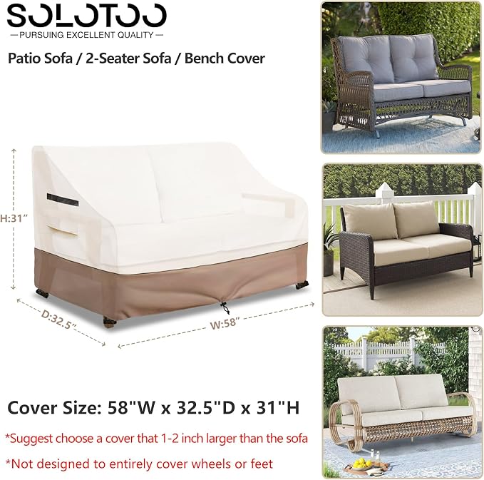 Outdoor Couch Cover Waterproof Heavy Duty Patio Furniture Covers, 58W x 32.5D x 31H Inches 2 Seater Outdoor Sofa Cover (Beige) - Image 3