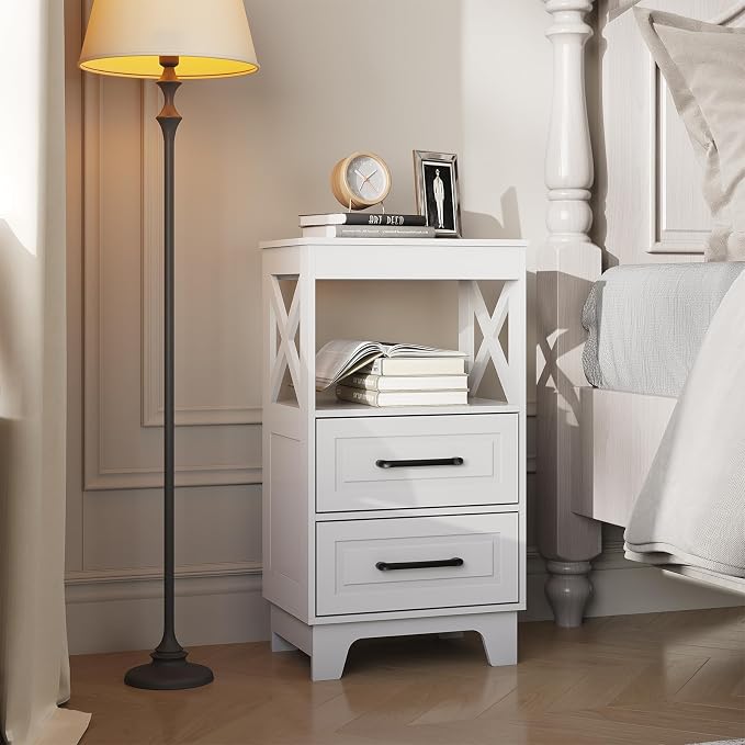 Tall Nightstand Set of 2 Side Table with 2 Drawers Modern Night Stand Wooden End Table Bedside Table with Upper Open Shelf Solid Feet for Bedroom, White - Image 2