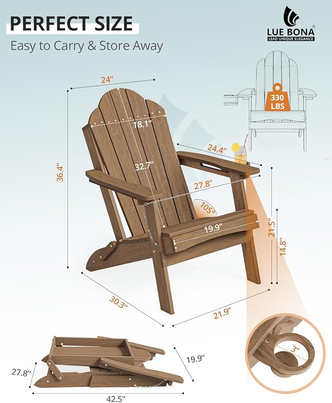 LUE BONA HDPE Folding Adirondack Chairs Set of 4 - Weather Resistant Rustic Wood-Grain Seating with Cup Holder for Cabin, Fire Pit, Deck & Resort Garden, Brown - Image 3