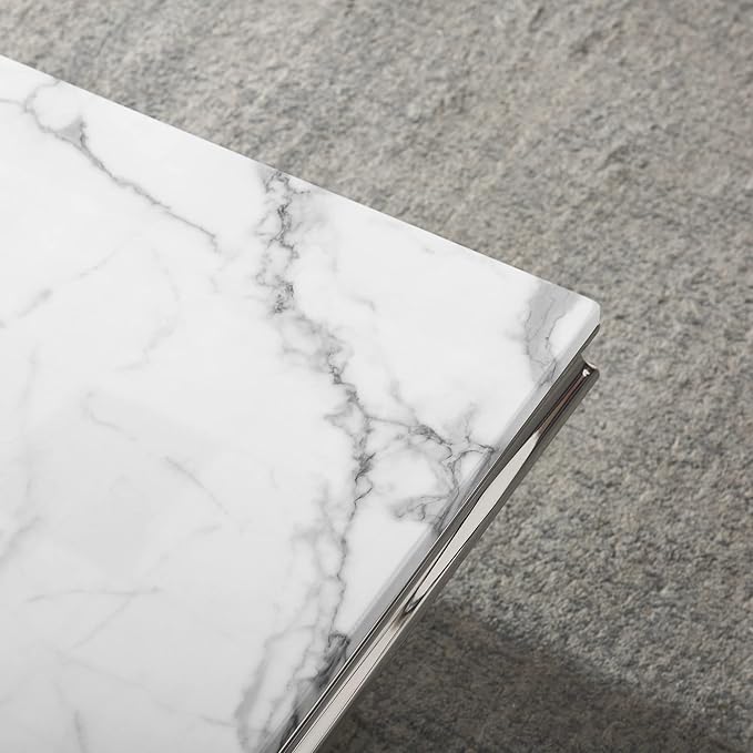 Modern Marble Coffee Table, Rectangular White and Silver with U-Shape Stainless Steel Base with Silver Mirrored Finish for Living Room, Simple Assembly (Silver3)