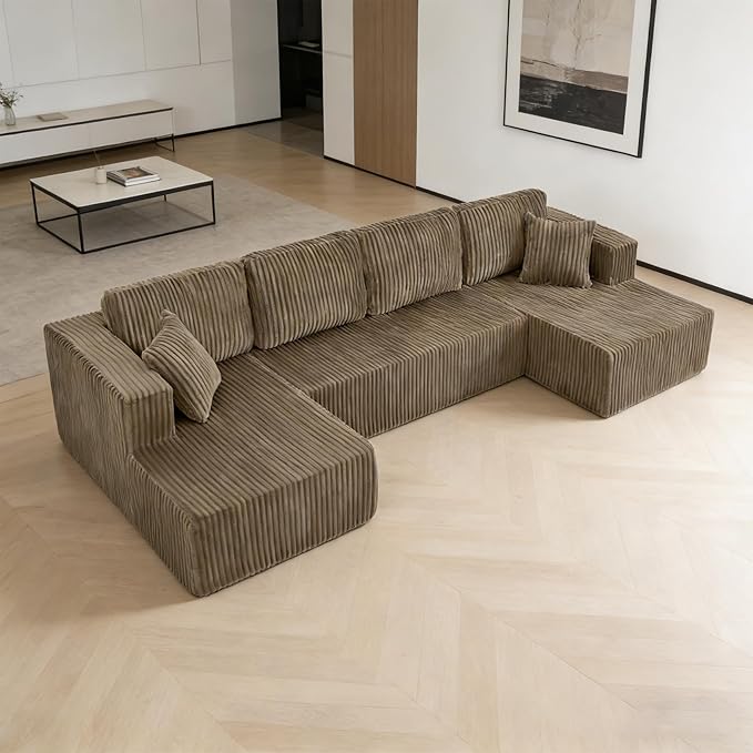 132.48" U-Shaped Sectional Couch, 4-Seat Frameless Modular Sofa with Oversized Chaise, Big Comfy Cloud Couch Set in Soft Corduroy, No-Assembly Boneless Sofas for Living Room, Compressed, Brown