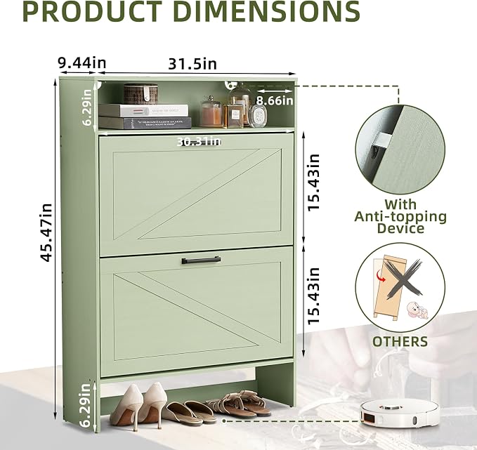 RWYHG Shoe Cabinet Storage for Entryway with 2 Flip Drawers Open Storage Layer Rack Narrow Organizer Slim Hidden Wood Shoe Cabinet Furniture Green - Image 2