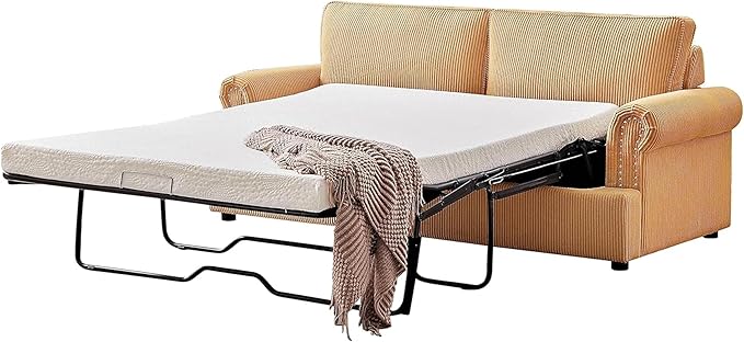 Reversible Sleeper Sofa Bed with Comfortable Memory Foam Mattress, Convertible Corduroy Full Size Pull Out Couch for Living Room, Space Saving Furniture, 76" Wide, Rounded Arms, Ginger