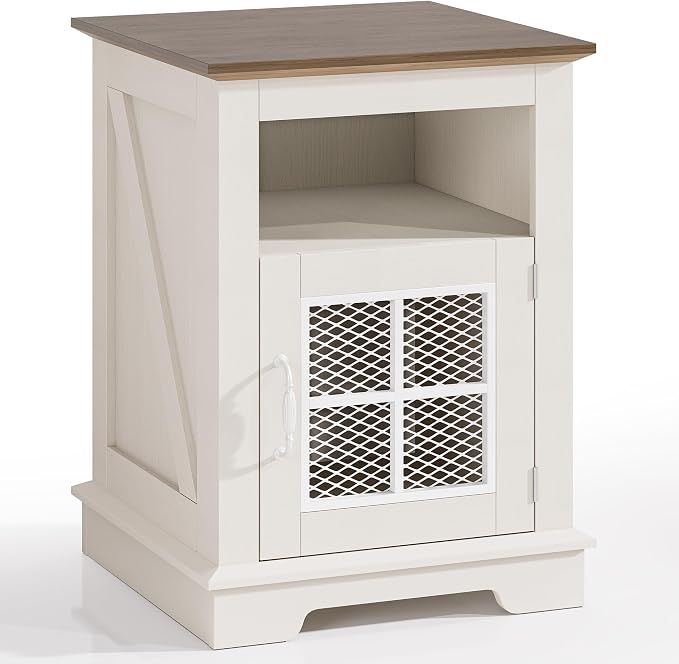 DINGIPP Nightstand Set of 2 with RGB Lights, Farmhouse Night Stand Set 2, with Magnetic Metal Mesh Barn Door, Rustic Wood Bedside End Table with Open Shelf for Bedroom, White (2 Pieces) - Image 9