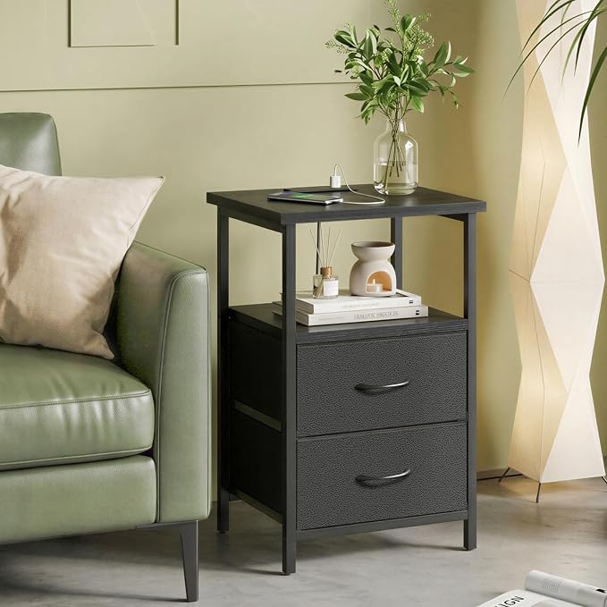 Fixwal Black Night Stand with Charger Station, Nightstand with Charging Station & Fabric Drawers - Image 6