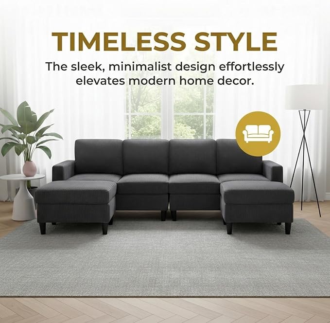101" L-Shape Modular Sectional Couch, Convertible Corduroy Couch with 2 Ottomans, Modern 4 Seater Upholstered Modular Sectional Sofa for Apartment, Living Room, Dark Gray